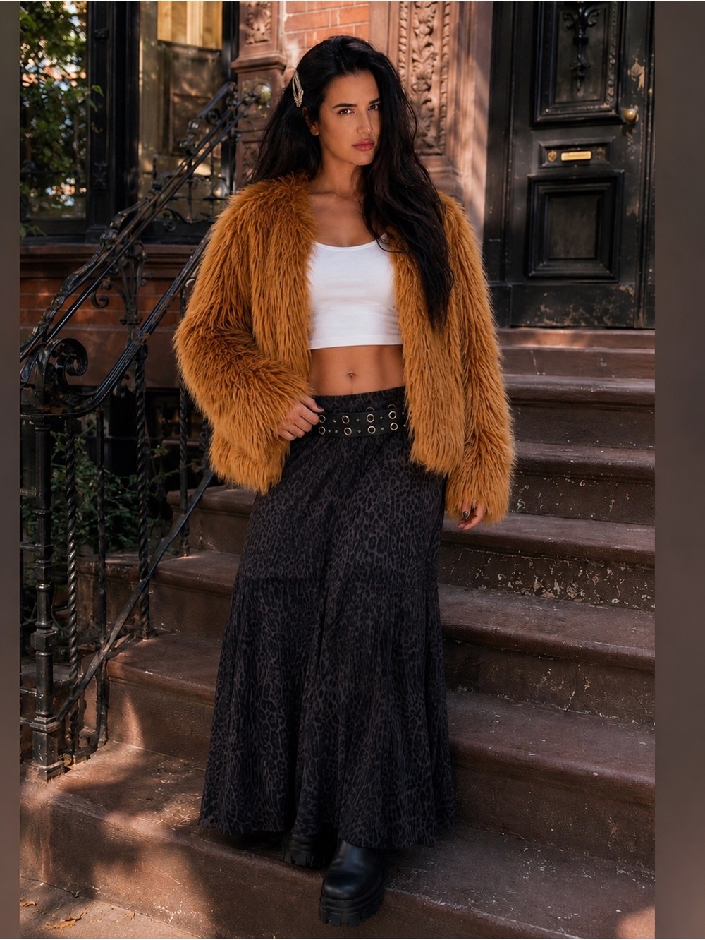 Y2K Whimsigoth Camel Tan Shag Faux Fur Penny Lane Rockstar Girlfriend Jacket -L